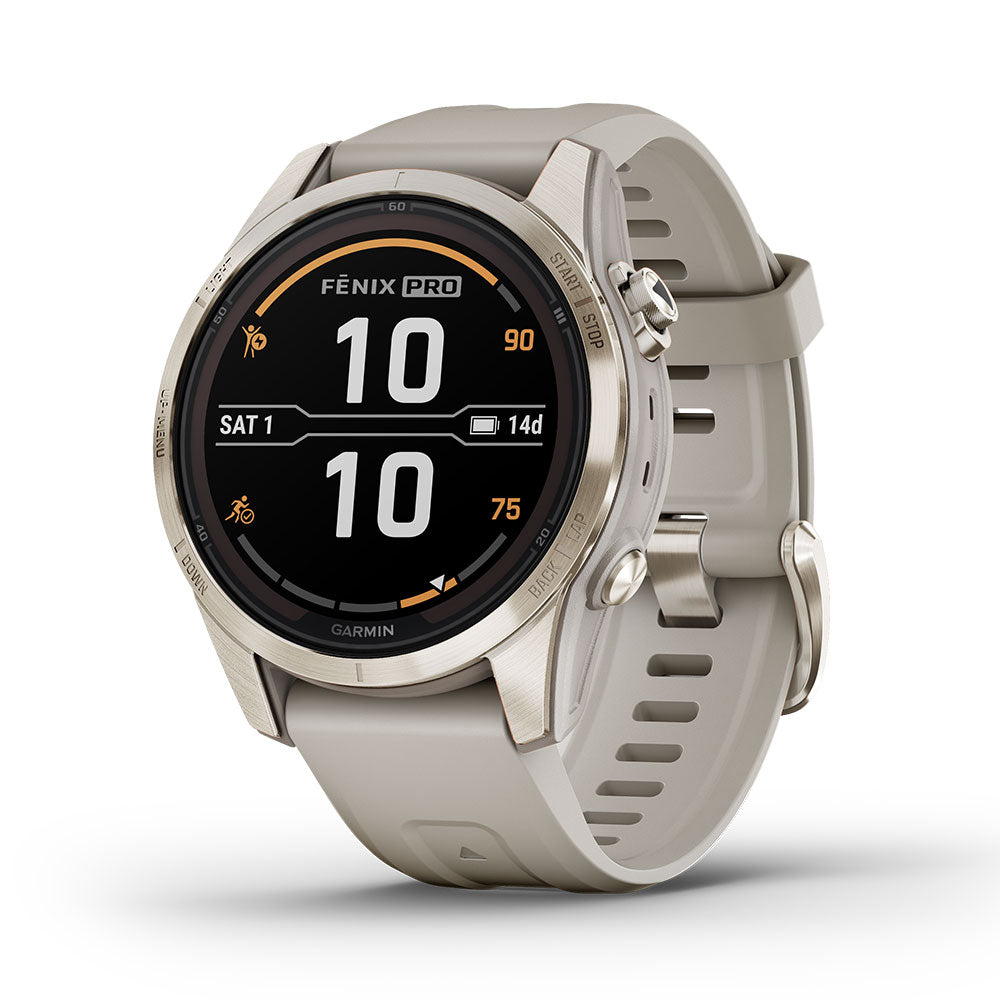 Garmin Fenix 7s Pro Sapphire Solar Premium Multisport GPS Smartwatch - 42mm Soft Gold with Light Sand Band  
